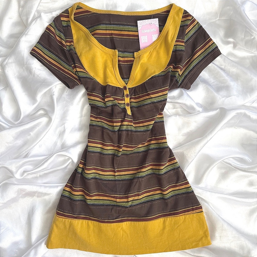 Vintage Y2K Striped Henley Tunic Top Brown Mustard Yellow Short Sleeve Boho S